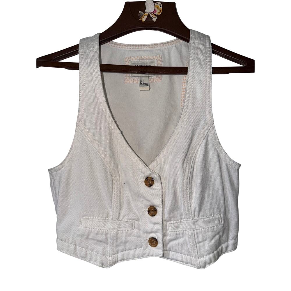 White V-Neck Button Up Sleeveless Western Boho Denim Jean Vest Small 100% Cotton